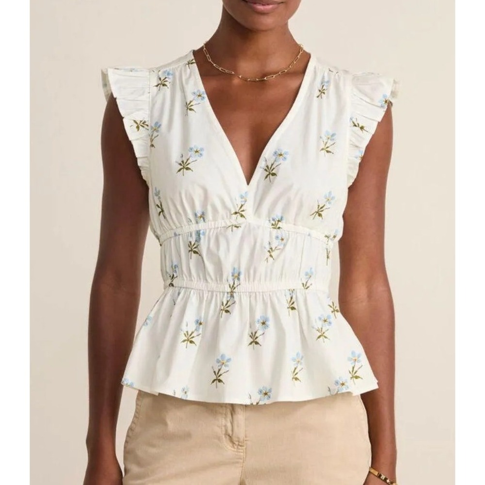 Vineyard Vines Marina Poplin Flutter-Sleeve Top White Blue Floral 2W001843 Small